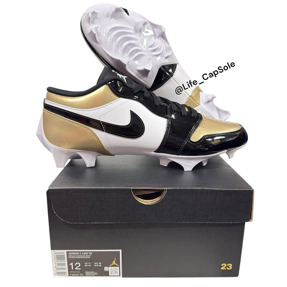 Size 12 Nike Air Jordan 1 Low TD Gold Black Football Cleats Men's FJ6245-701